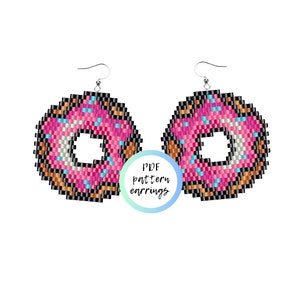 May include: A pair of donut-shaped beaded earrings with pink icing, white filling, and blue sprinkles. The earrings are made with seed beads and are available as a PDF pattern.