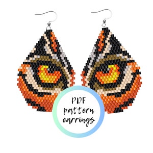 May include: A PDF pattern for beaded earrings with a tiger eye design. The earrings are orange, black, white, and yellow.
