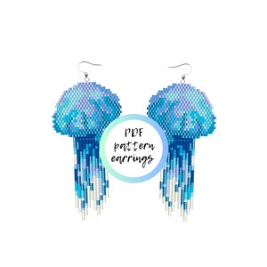 Blue Jellyfish beaded fringe earrings PDF PATTERN brick stitch