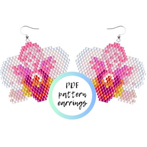 May include: PDF pattern for beaded earrings featuring a pink and white flower design. The earrings are made with small beads and have a silver hook.