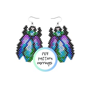 May include: Beaded earrings in a bug-like design, featuring a gradient of blue, green, and purple beads. The earrings have silver-colored hooks and are displayed on a white background. The image includes the text "PDF pattern earrings".