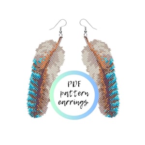 May include: PDF pattern for beaded earrings shaped like feathers. The feathers are white with brown and blue accents. The text "PDF pattern earrings" is in a circle.
