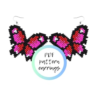 May include: A pair of pink and red butterfly beaded earrings with black accents. The earrings are shown on a white background with the text "PDF pattern earrings".