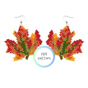 May include: Beaded leaf earrings in autumnal colours. The earrings are shaped like maple leaves, with a gradient of red, orange, yellow, and green beads. The text "PDF pattern" is in a circle.