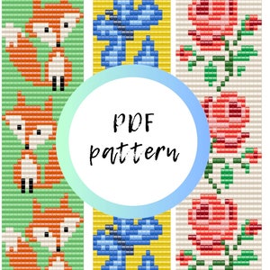 May include: A digital PDF pattern featuring pixelated designs of foxes, flowers, and abstract shapes. The foxes are orange and white, the flowers are red and green, and the shapes are blue. The text "PDF pattern" is in the center.