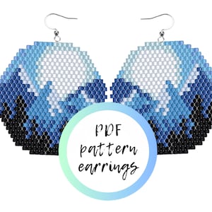 May include: PDF pattern for a pair of beaded earrings. The earrings are round and feature a blue, white, and black color scheme. The pattern is for a pair of earrings.