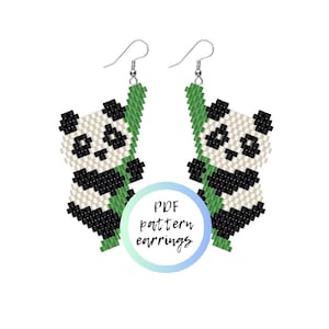 May include: A pair of beaded earrings featuring a panda design holding a green bamboo stalk, crafted with black, white, and green beads. A circular graphic in the center displays the text PDF pattern earrings in a black script font.