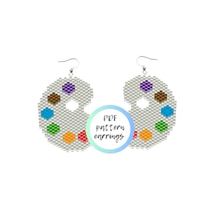 May include: A pair of beaded earrings shaped like a painter's palette with colorful beads. The earrings are silver and have a white background with colorful beads in the shape of paint drops. The text "PDF pattern earrings" is on a blue and white circle.