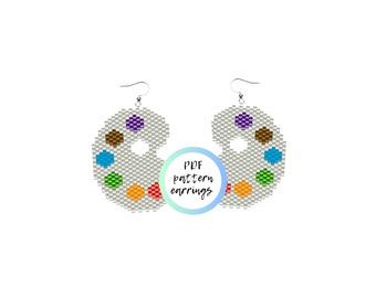 May include: A pair of beaded earrings shaped like a painter's palette with colorful beads. The earrings are silver and have a white background with colorful beads in the shape of paint drops. The text "PDF pattern earrings" is on a blue and white circle.