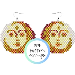 May include: A pair of beaded earrings with a geometric pattern in shades of white, brown, gold, and red. The earrings are round and have a face-like design. The text "PDF pattern earrings" is in the center of the image.