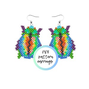以下が含まれることがあります： ビーズイヤリングのPDFパターン。イヤリングは虹色のカラーリングと黒い中心を持つ蝶の形をしています。テキスト「PDF pattern earrings」は青い円の中にあります。