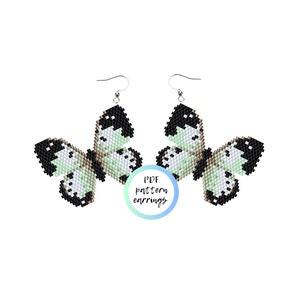 May include: A pair of beaded butterfly earrings in black, white and green. The earrings are made with seed beads and are designed to look like butterflies. The earrings are hanging from silver ear wires. The image includes the text "PDF pattern earrings".