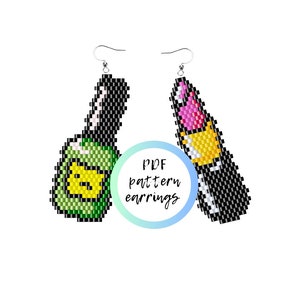 May include: A pair of beaded earrings with a nail polish bottle and lipstick design. The earrings are black, green, yellow, pink, and gold. The text "PDF pattern earrings" is in the center of the image.