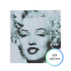 May include: A black and white pixelated image of Marilyn Monroe's face. The image is in a square format and has a light blue background. The text "PDF pattern" is in a circle with a light blue and green gradient.
