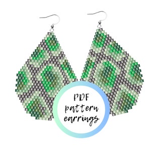 May include: A pair of green and gray beaded earrings with a teardrop shape. The earrings are hanging from silver hooks. A circle with the text "PDF pattern earrings" is in the foreground.
