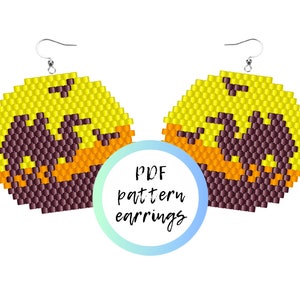 May include: A pair of beaded earrings with a pattern of three camels in a desert landscape. The earrings are made with black, yellow, and orange beads. The text "PDF pattern earrings" is in the center of the image.