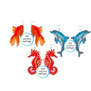 May include: PDF patterns for beaded earrings featuring a red and orange goldfish, a blue dolphin, and a red and yellow seahorse. The patterns are labelled "PDF pattern earrings".