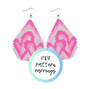 May include: A pair of teardrop-shaped beaded earrings featuring a pink and white geometric pattern with silver-toned hooks. A circular graphic overlay in the center displays the black text PDF pattern earrings against a light blue gradient background.