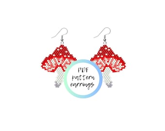 May include: A pair of beaded mushroom earrings. The mushroom caps are red with white accents, and the stems are white and gray. The earrings are on a white background. Text on the image says "PDF pattern earrings."