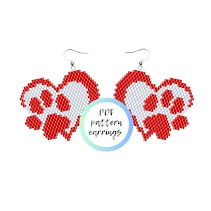 May include: PDF pattern for beaded earrings shaped like hearts with paw prints. The earrings are red and white.