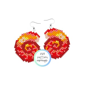 May include: A pair of handmade earrings with a spiral design. The earrings are made of small, colorful beads in shades of red, yellow, and white. The text "PDF pattern earrings" is in the image.