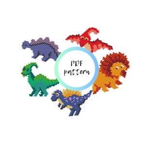 May include: A digital download PDF pattern for making beaded dinosaur and lion figures. The pattern includes a red pterodactyl, a purple dinosaur, a green dinosaur, a blue dinosaur, and a lion.