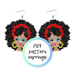 May include: A pair of beaded earrings with a cartoon face design. The earrings are black, red, yellow, blue, and pink. The earrings are shaped like a circle and have a silver hook.