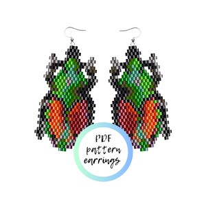 May include: A pair of beaded earrings with a colorful, abstract design. The earrings are green, orange, red, and black. The image includes the text "PDF pattern earrings".