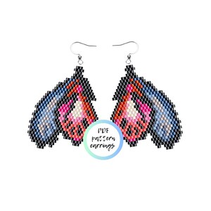 May include: A pair of beaded earrings with a butterfly design. The earrings are made with black, blue, pink, and orange beads. The earrings are hanging from silver hooks. The text "PDF pattern earrings" is in the center of the image.