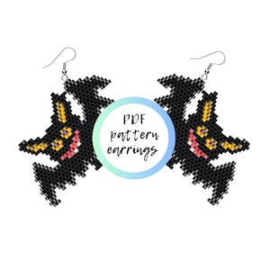 May include: PDF pattern for a pair of black and yellow bat earrings. The earrings are beaded and have a smiling face.