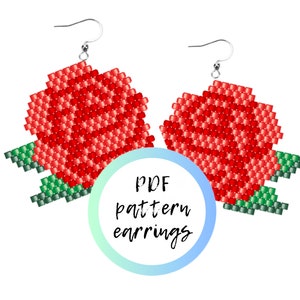 May include: PDF pattern for beaded rose earrings. The earrings are red with green leaves and silver hooks.