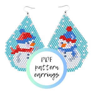 May include: PDF pattern for beaded snowman earrings. The earrings are teardrop shaped with a blue background and white snowman design. The snowman is wearing a red and blue hat and a blue scarf.
