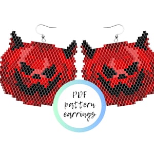 May include: A pair of Halloween-themed earrings featuring a beaded pumpkin design. The earrings are primarily red with black accents, showcasing a jack-o'-lantern face. The image includes the text "PDF pattern earrings".