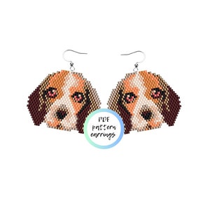 May include: A pair of beaded earrings featuring a beagle dog design. The earrings are brown, white and beige with pink eyes. The text "PDF pattern earrings" is visible in the image.