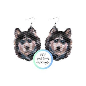 May include: A PDF pattern for beaded earrings featuring a husky dog design. The earrings are shown in a close-up view, with the dog's face clearly visible. The text "PDF pattern earrings" is displayed in a light blue circle.