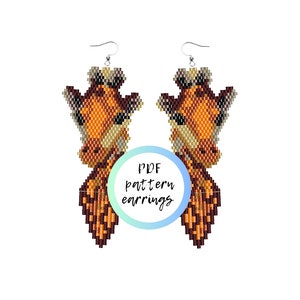 May include: A pair of beaded giraffe earrings in a brown, tan and white colour scheme. The earrings are made with seed beads and are designed to look like a giraffe's head. The earrings are hanging from silver hooks. The image also includes the text "PDF pattern earrings".