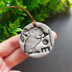 Ancient Greek Owl Coin Necklace – Ceramic Boho Pendant Jewelry