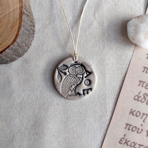 Ancient Greek Owl Coin Necklace – Ceramic Boho Pendant Jewelry