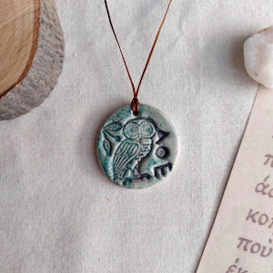 Ancient Greek Owl Coin Necklace – Ceramic Boho Pendant Jewelry
