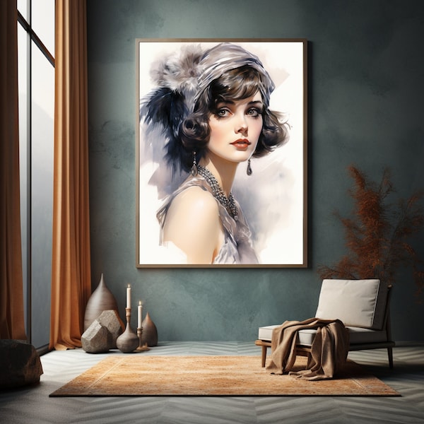 Printable Watercolor Flapper Girl Wall Art, Portrait of Woman Art, Instant Download, 300DPI