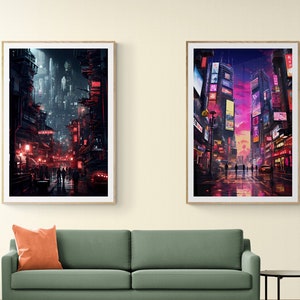 Cyberpunk cityscape set of 2 wall art digital downloadable cyberpunk print