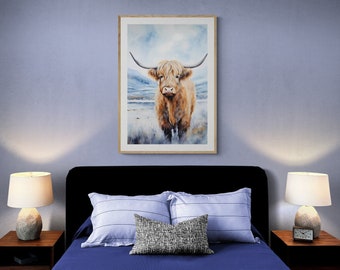 Stampa artistica digitale scaricabile raffigurante una mucca delle Highlands dipinta ad acquerello