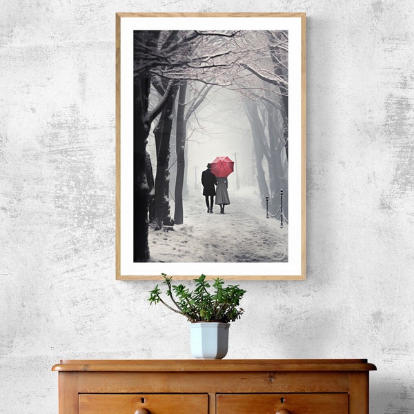 Romantic winter walk art digital downloadable holiday print