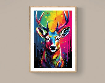 Hirsch in einem Pop-Art-Stil hell bunte Kunst digital herunterladbarer Hirschdruck