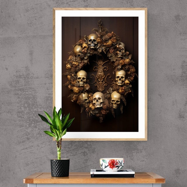 Skull Christmas wreath art digital downloadable holiday print