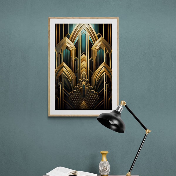 Blue and gold art deco inspired wall art digital downloadable art deco print