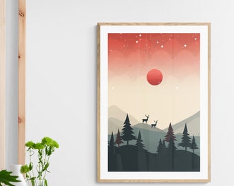 Minimalist snowy hill with deer wall art digital printable are print