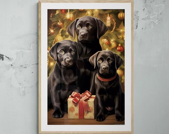 Arte mural navideño de perro labrador negro, impresión digital descargable de labrador.