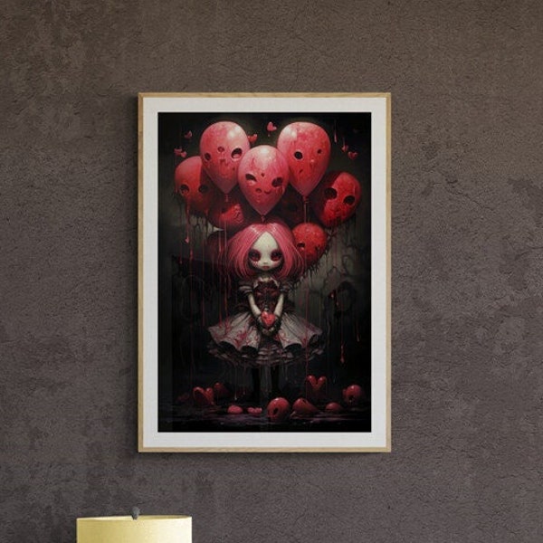 Goth girl with balloons art digital downloadable valentines print