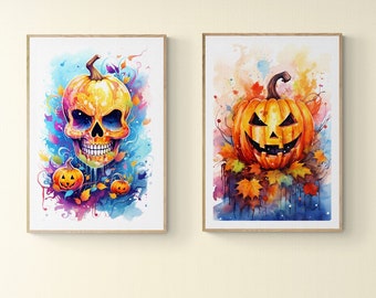 2er-Set Halloween-Aquarelldrucke digitale herunterladbare druckbare Wandkunst